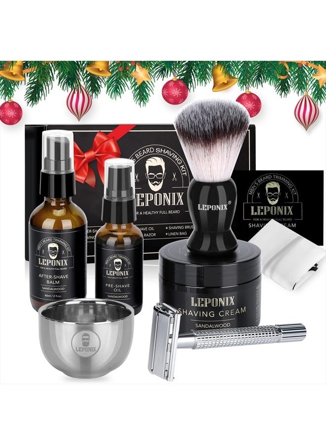 LEPONIX Shaving Kit for Men, Include Safety Razor, Sandalwood Shaving Cream, Mens aftershave, Pre Shave Oil, Shaving Brush and Bowl, Shaving Apron Bib -Unique Gifts for Men Him Stocking Stuffers - Image 2