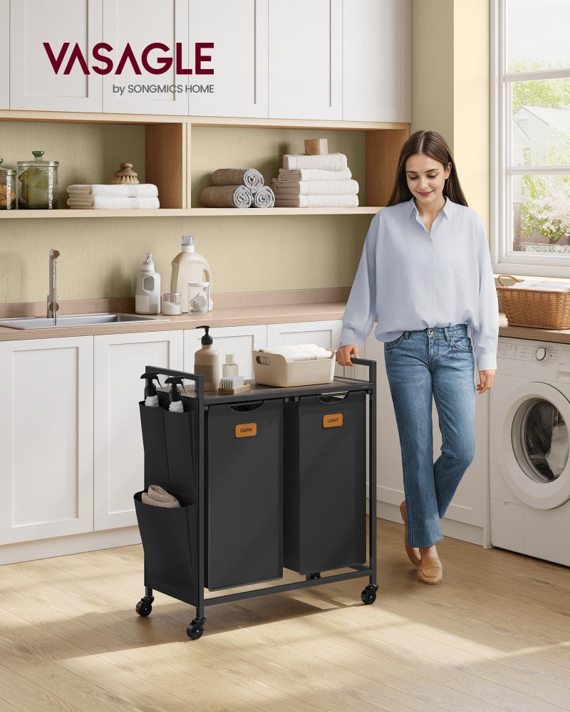 VASAGLE Laundry Hamper, Laundry Sorter Rolling Cart with Shelves, Small Side Pockets, 6 Labels, 2 Compartments, 26.4 Gal. (100 L), Ink Black and Ash Brown UBLH222BH01 - Image 2