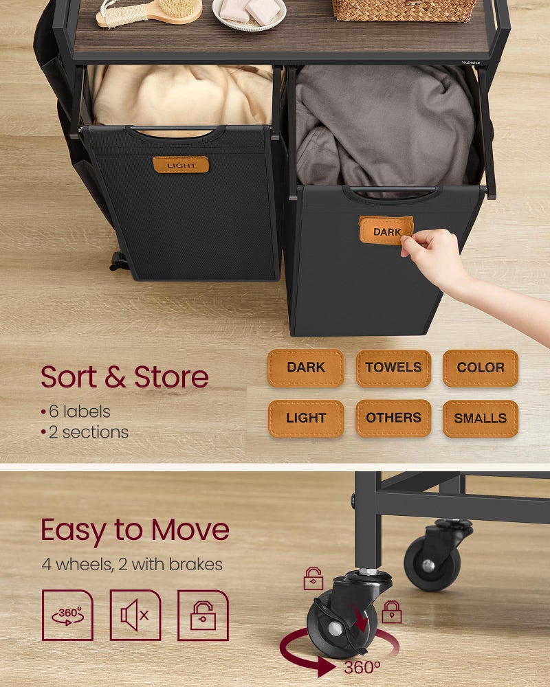 VASAGLE Laundry Hamper, Laundry Sorter Rolling Cart with Shelves, Small Side Pockets, 6 Labels, 2 Compartments, 26.4 Gal. (100 L), Ink Black and Ash Brown UBLH222BH01 - Image 5
