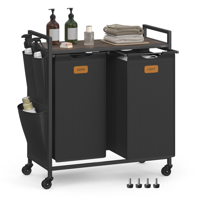 VASAGLE Laundry Hamper, Laundry Sorter Rolling Cart with Shelves, Small Side Pockets, 6 Labels, 2 Compartments, 26.4 Gal. (100 L), Ink Black and Ash Brown UBLH222BH01 - Image 1