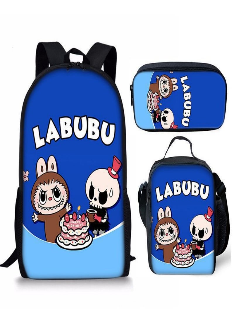 LABUBU Children Backpack Schoolbag Teen Student School Book bag with Lunch Box Pen Case 3 in 1 for Kids