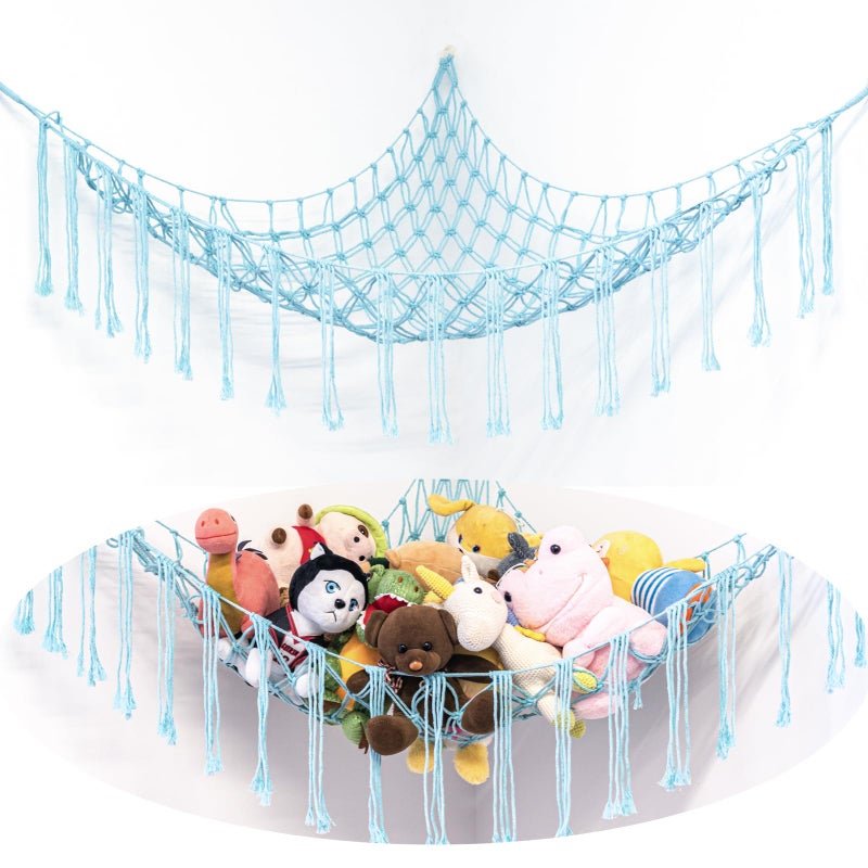 YELIENM Stuffed Animal Hammock Corner Handknitted Large Plushie Net Toy Hammock with Wooden Rings  Boho Cute Stuff Animal Storage for Nursery  Bedroom  Mesh Kids Toy Organizer Holder Nursery Room Decor