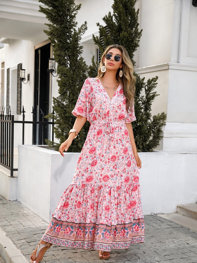 R.Vivimos Womens Summer Cotton Short Sleeve V Neck Floral Print Casual Bohemian Midi Dresses (X-Large, Pink-Floral) - Image 5