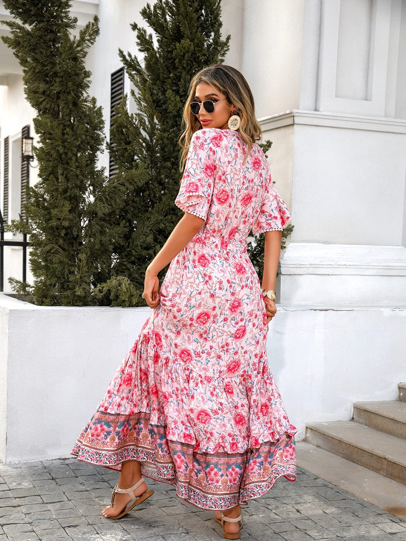 R.Vivimos Womens Summer Cotton Short Sleeve V Neck Floral Print Casual Bohemian Midi Dresses (X-Large, Pink-Floral) - Image 2