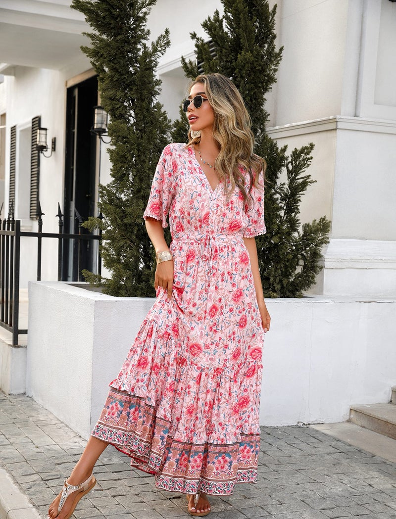 R.Vivimos Womens Summer Cotton Short Sleeve V Neck Floral Print Casual Bohemian Midi Dresses (X-Large, Pink-Floral) - Image 3