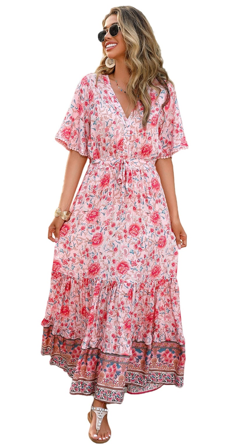 R.Vivimos Womens Summer Cotton Short Sleeve V Neck Floral Print Casual Bohemian Midi Dresses (X-Large, Pink-Floral) - Image 1