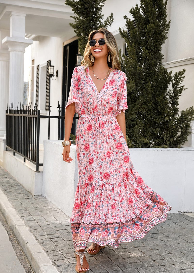 R.Vivimos Womens Summer Cotton Short Sleeve V Neck Floral Print Casual Bohemian Midi Dresses (X-Large, Pink-Floral) - Image 4