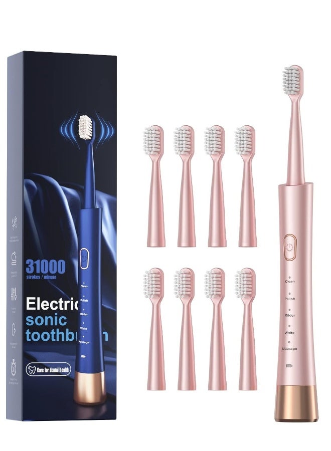 Topleo Sonic Electric Toothbrush for Adults, USB Rechargeable Sonic Toothbrush with 8 Brush Heads, Smart Timer, 5 Modes, 2-Hour Fast Charge Last 30 Days, Pink - Image 1