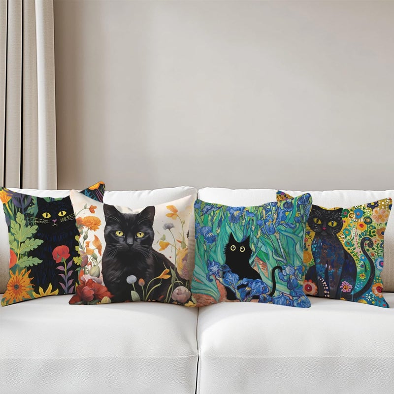 CQM 4 PCs Pillow Covers 18x18, Garden Cat Throw Pillow Covers, Cat Decor for Cat Lovers, Pillow Cases Cat Lover Gifts Decorative Pillow Protectors Living Room Bathroom Home Decor for Cushion Car Bed - Image 3