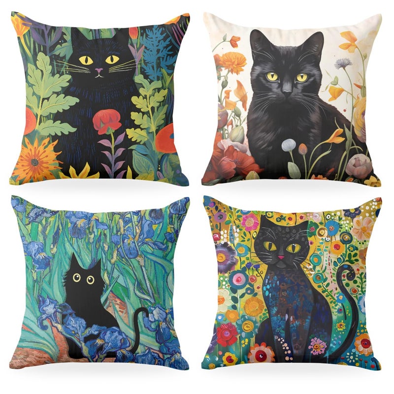 CQM 4 PCs Pillow Covers 18x18, Garden Cat Throw Pillow Covers, Cat Decor for Cat Lovers, Pillow Cases Cat Lover Gifts Decorative Pillow Protectors Living Room Bathroom Home Decor for Cushion Car Bed - Image 1