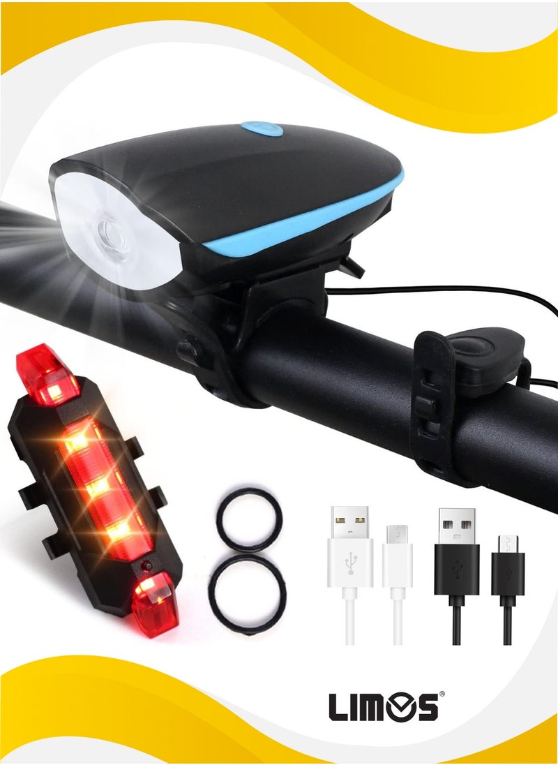 LIMOS Bike Light Set USB Rechargeable Bycicle LED Accessories Night Cycling Headlight Tail Rear Reflectors for Mountain Bike 4 Lighting Modes, Easy to Install (Blue)  - Image 1