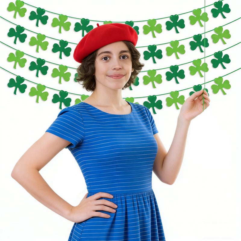 St Patricks Day Decorations Outdoor 4 Pack Felt Shamrock Garland Banner St Patrick's Day Garland Banner Flag Green Clover Garland Saint Patricks Day Decor Classroom Mantle Party Favor Supplies - Image 3