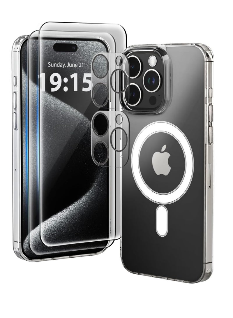 إلترازون ELTRAZONE iPhone 15 Pro 5-in-1 Case – Clear, Non-Yellowing, MagSafe-Compatible with 2x Tempered Glass Screen Protectors & 2x Camera Lens Protectors, Shockproof with Air-Guard Corners - Image 1
