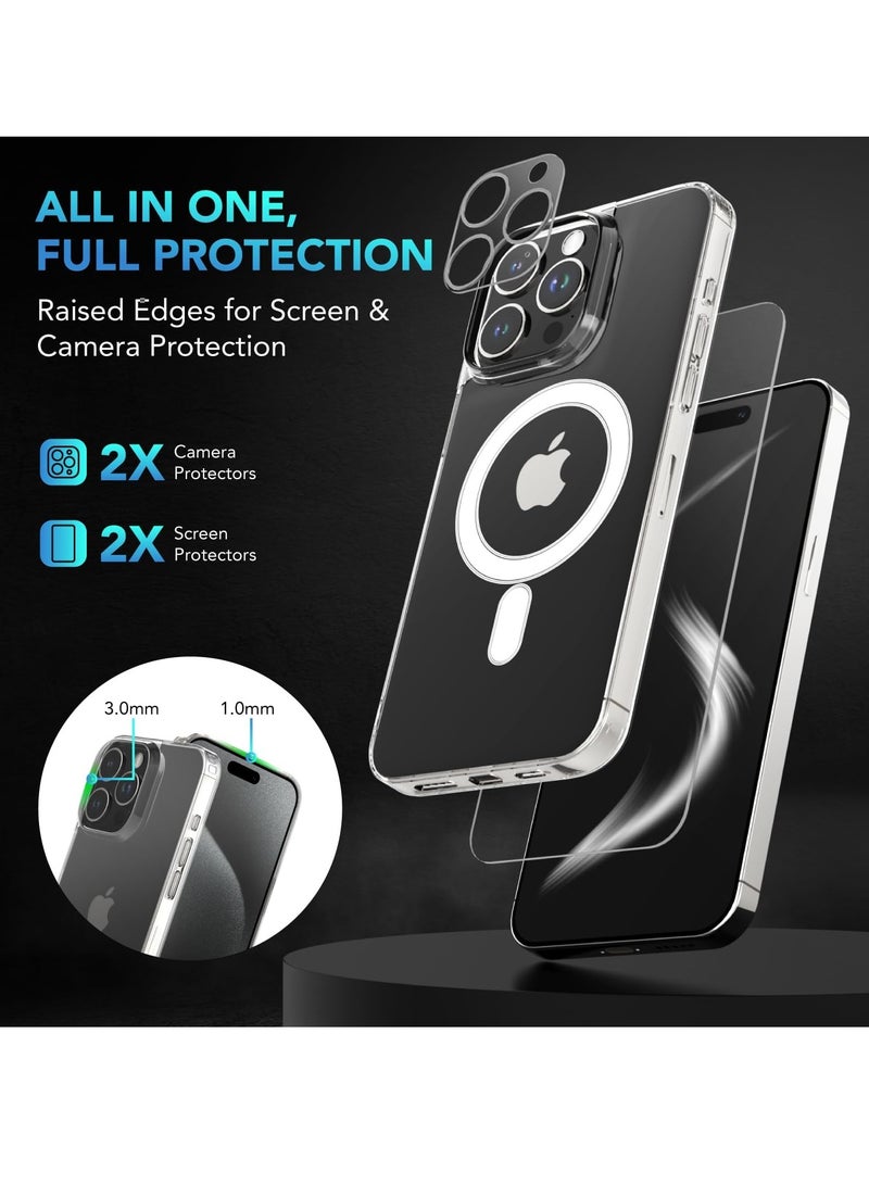 إلترازون ELTRAZONE iPhone 15 Pro 5-in-1 Case – Clear, Non-Yellowing, MagSafe-Compatible with 2x Tempered Glass Screen Protectors & 2x Camera Lens Protectors, Shockproof with Air-Guard Corners - Image 2