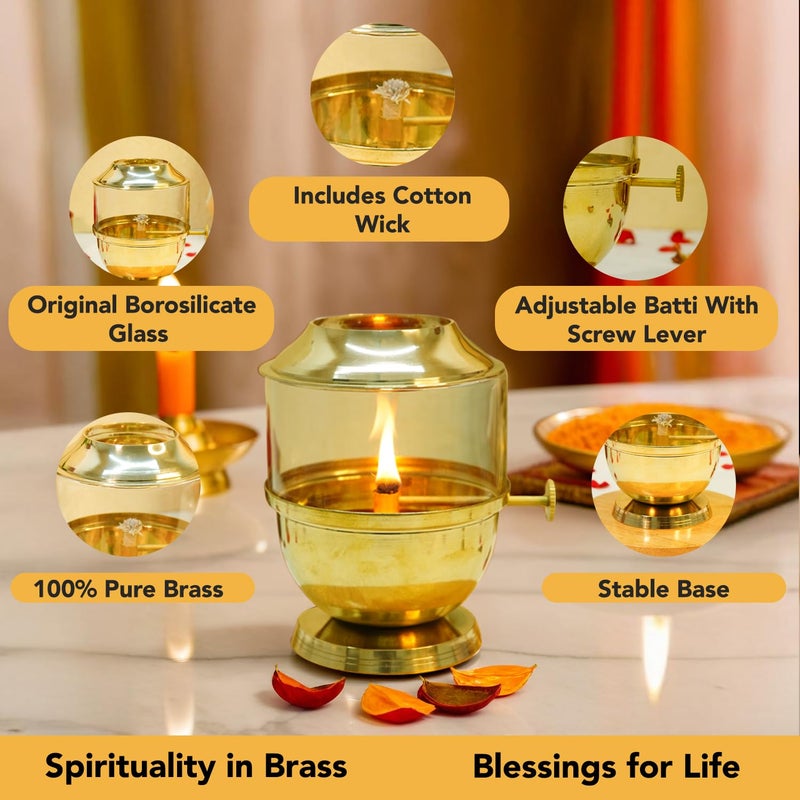 Ekhasa 100 Pure Brass Akhand Jyot Diya with Adjustable Bati Knob Wick Lifting Screw Lever Glass Cover Large Size 250 ml Oil Capacity Stay Lit for 48 Hours Wick Included Authentic Borosilicate - Image 3