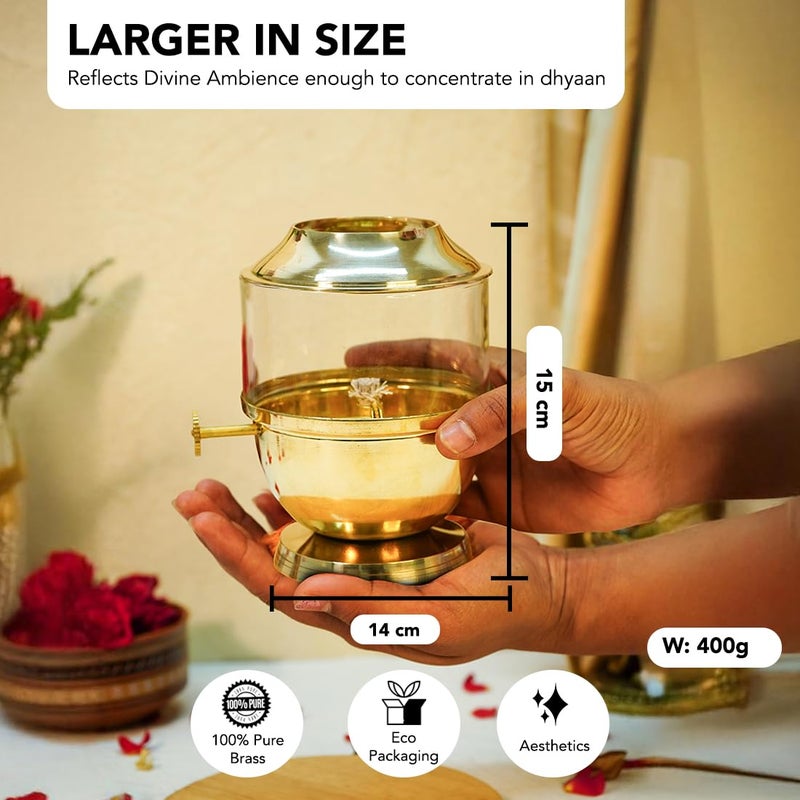 Ekhasa 100 Pure Brass Akhand Jyot Diya with Adjustable Bati Knob Wick Lifting Screw Lever Glass Cover Large Size 250 ml Oil Capacity Stay Lit for 48 Hours Wick Included Authentic Borosilicate - Image 2