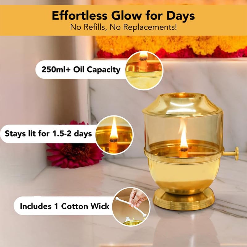 Ekhasa 100 Pure Brass Akhand Jyot Diya with Adjustable Bati Knob Wick Lifting Screw Lever Glass Cover Large Size 250 ml Oil Capacity Stay Lit for 48 Hours Wick Included Authentic Borosilicate - Image 5