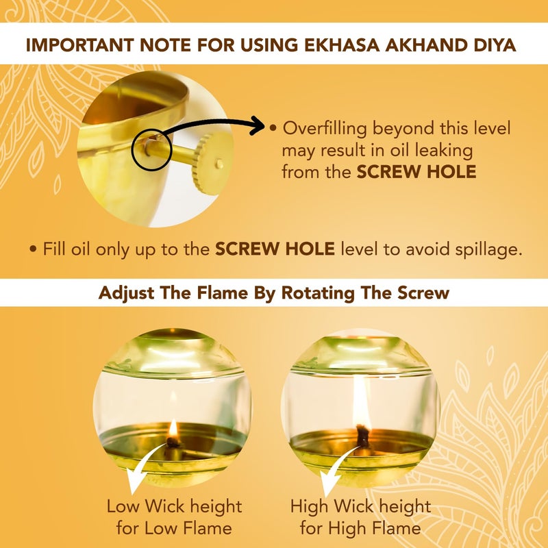 Ekhasa 100 Pure Brass Akhand Jyot Diya with Adjustable Bati Knob Wick Lifting Screw Lever Glass Cover Large Size 250 ml Oil Capacity Stay Lit for 48 Hours Wick Included Authentic Borosilicate - Image 4