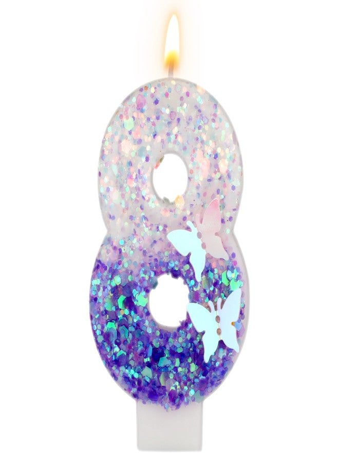 XIHIRCD Birthday Number Candles, 2.87 Inch Purple Butterfly Candle Glitter Number Candles Purple Cake Topper Decorations Happy Birthday Cute Number Candles for Celebrations (Number 8) - Image 1