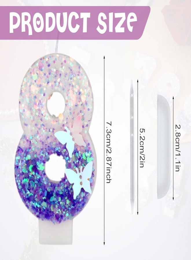 XIHIRCD Birthday Number Candles, 2.87 Inch Purple Butterfly Candle Glitter Number Candles Purple Cake Topper Decorations Happy Birthday Cute Number Candles for Celebrations (Number 8) - Image 2