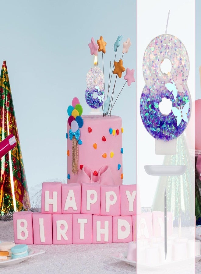 XIHIRCD Birthday Number Candles, 2.87 Inch Purple Butterfly Candle Glitter Number Candles Purple Cake Topper Decorations Happy Birthday Cute Number Candles for Celebrations (Number 8) - Image 3