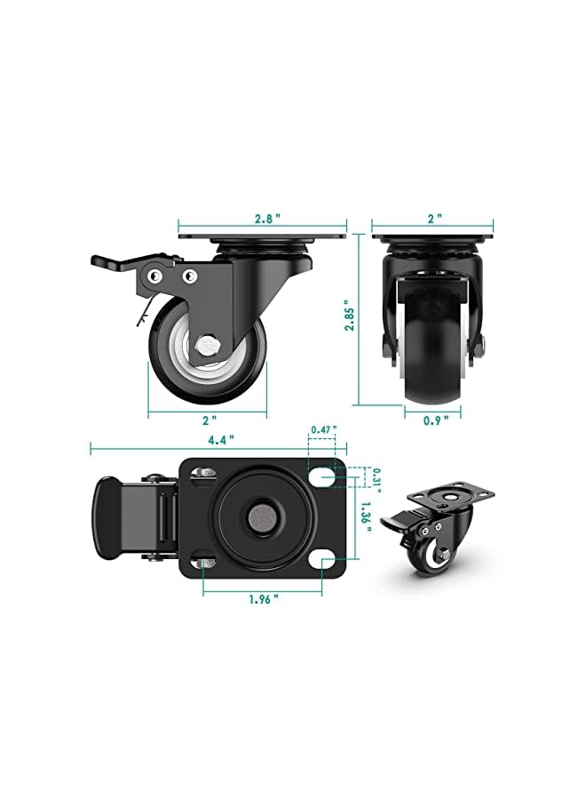 KASTWAVE 2 Inch Swivel Caster Wheels Heavy Duty Plate Casters With Safety Brake Total Capacity 600Lbs 360 Degree Rotation Pulley For Set Of 4 2 With Brakes And 2 Without - Image 4