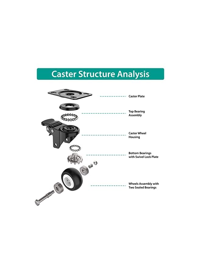 KASTWAVE 2 Inch Swivel Caster Wheels Heavy Duty Plate Casters With Safety Brake Total Capacity 600Lbs 360 Degree Rotation Pulley For Set Of 4 2 With Brakes And 2 Without - Image 2