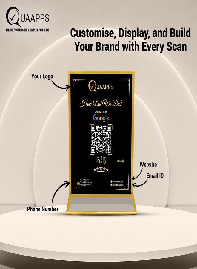 حامل QUAAPPS القابل للتخصيص بتقنية NFC لعرض تقييمات جوجل | شاشة عرض عداد التعليقات بنقرة أو مسح ضوئي | حامل أعمال صغير الحجم للمتاجر والعيادات والمطاعم | 6 × 4 بوصة - Image 5