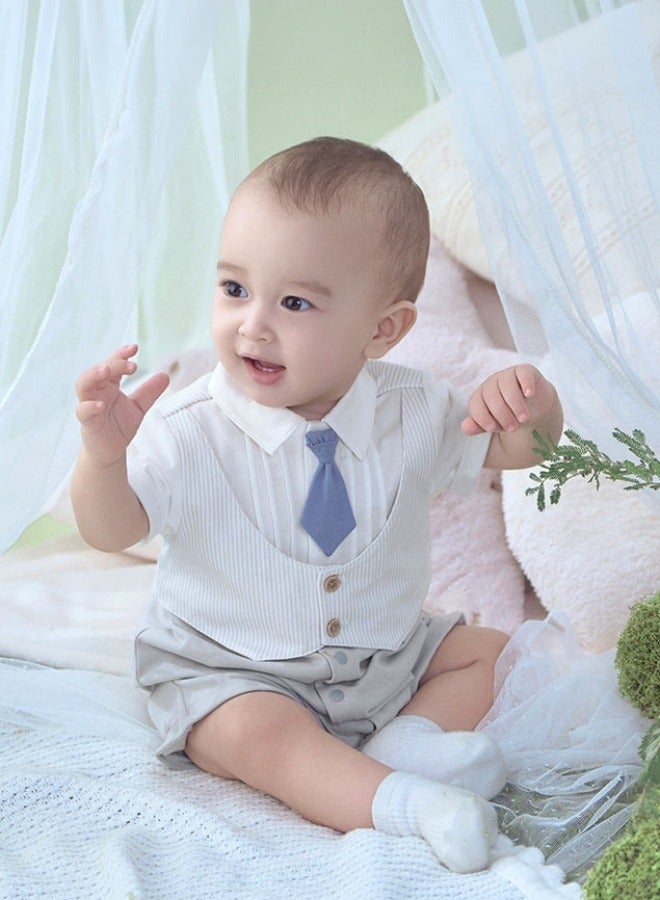Dave & Bella Baby Boy Cotton Romper with Shirt Collar and Tie Design - Image 1