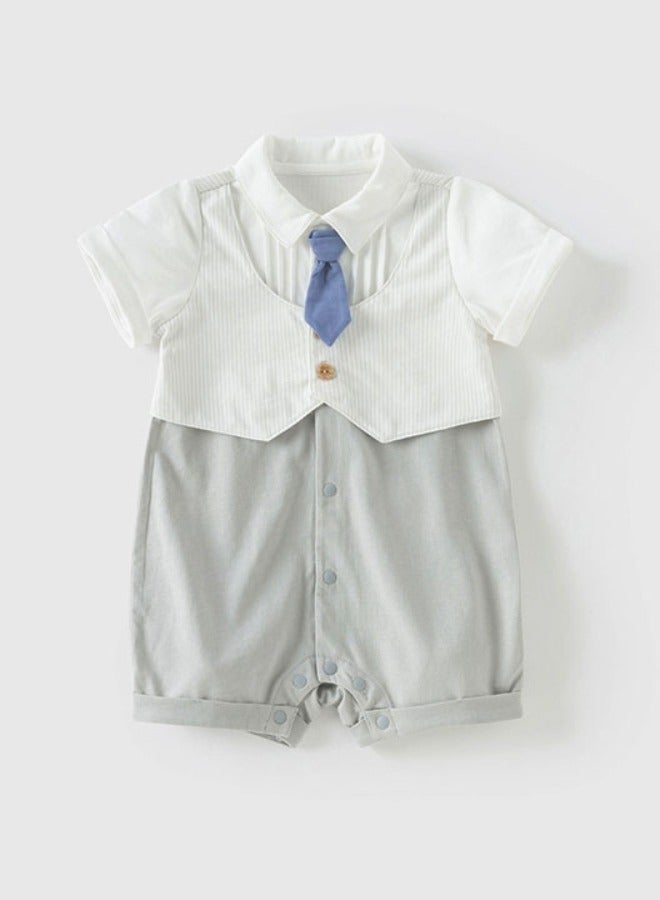 Dave & Bella Baby Boy Cotton Romper with Shirt Collar and Tie Design - Image 4