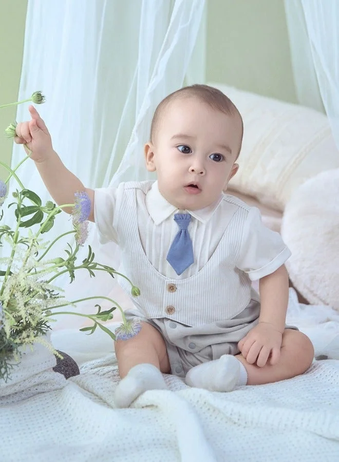 Dave & Bella Baby Boy Cotton Romper with Shirt Collar and Tie Design
