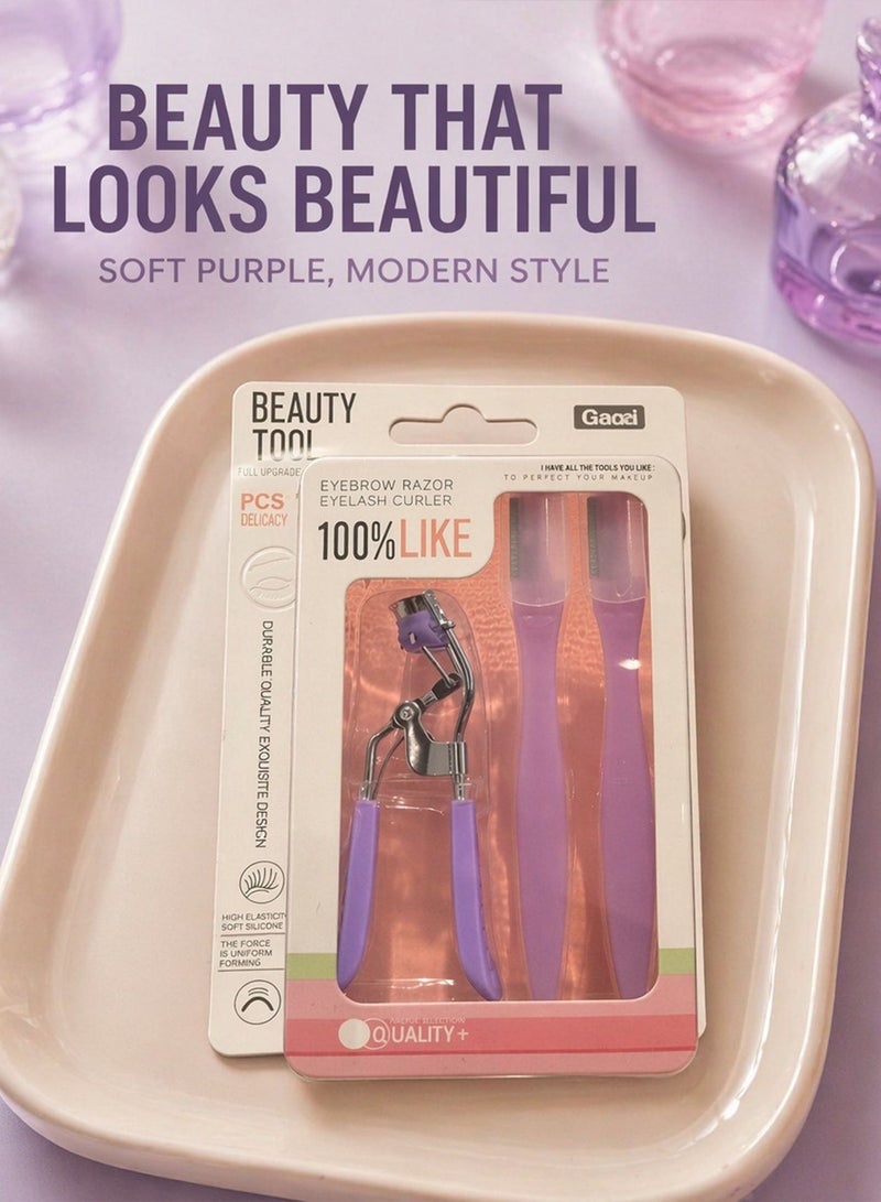 Stainless steel eyelash curler and two eyebrow trimmers set, painless eyelash curler, silicone handle, ergonomic design, suitable for all eye shapes and sizes, portable eyelash curler for women (purple). - Image 5