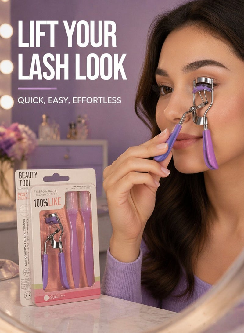 Stainless steel eyelash curler and two eyebrow trimmers set, painless eyelash curler, silicone handle, ergonomic design, suitable for all eye shapes and sizes, portable eyelash curler for women (purple). - Image 2