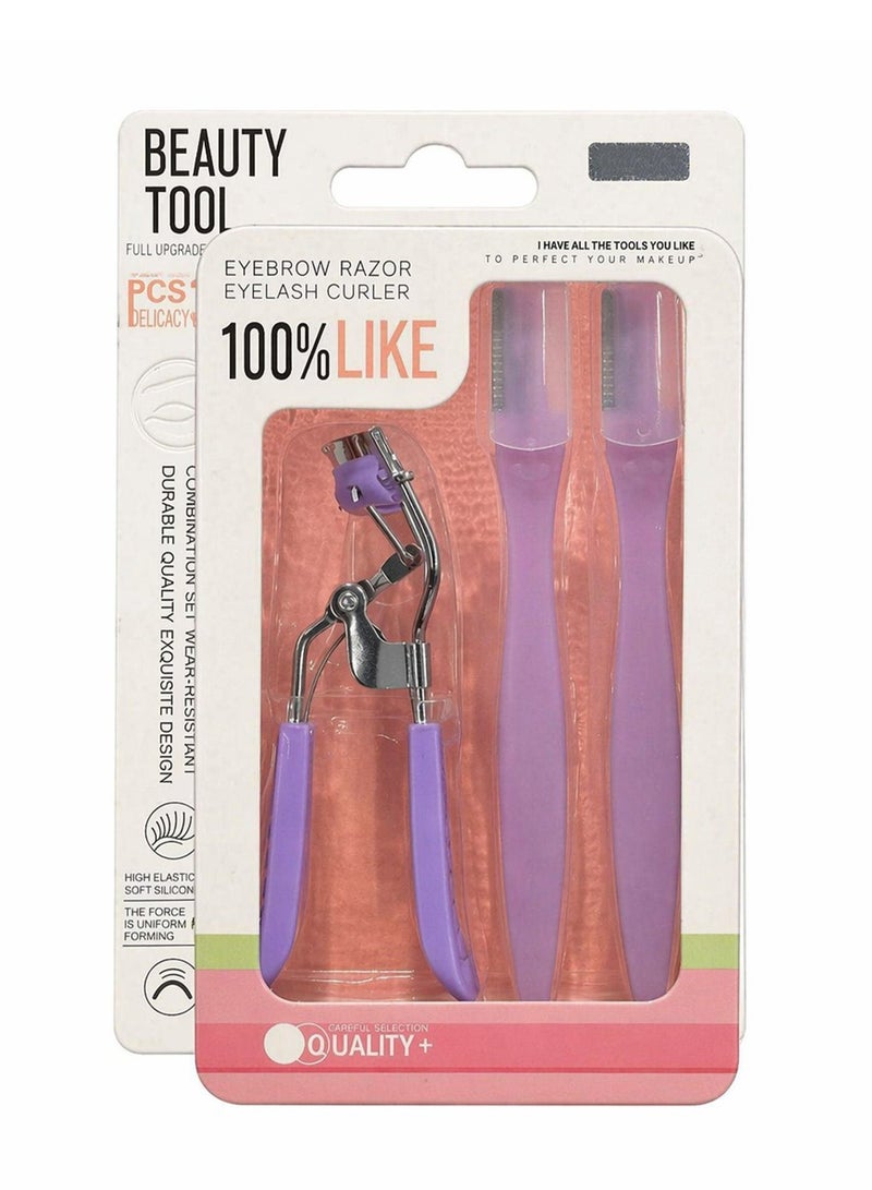 Stainless steel eyelash curler and two eyebrow trimmers set, painless eyelash curler, silicone handle, ergonomic design, suitable for all eye shapes and sizes, portable eyelash curler for women (purple). - Image 1