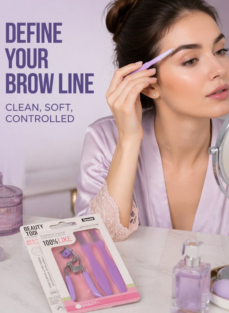 Stainless steel eyelash curler and two eyebrow trimmers set, painless eyelash curler, silicone handle, ergonomic design, suitable for all eye shapes and sizes, portable eyelash curler for women (purple). - Image 3