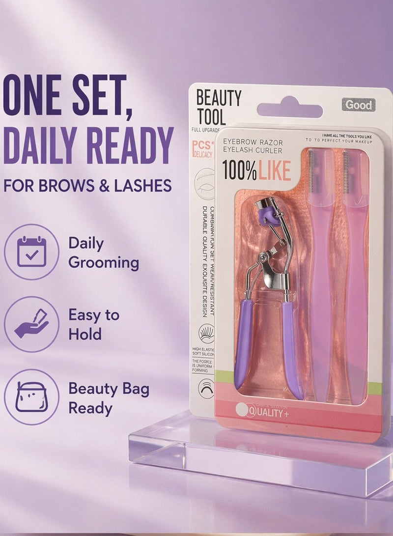 Stainless steel eyelash curler and two eyebrow trimmers set, painless eyelash curler, silicone handle, ergonomic design, suitable for all eye shapes and sizes, portable eyelash curler for women (purple). - Image 4