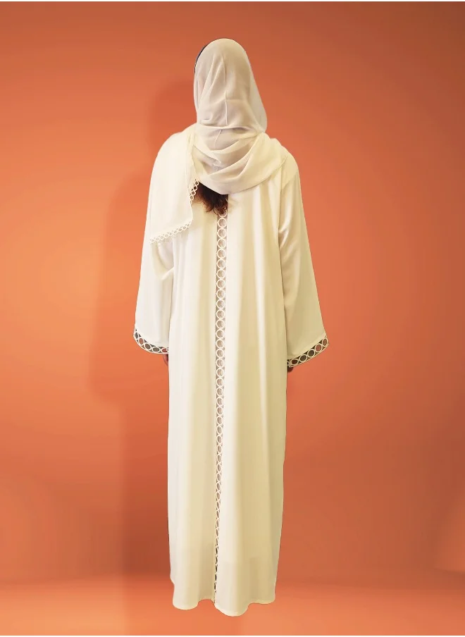 جميلة Ivory Ring Lace Open Abaya With Sheila and Inner