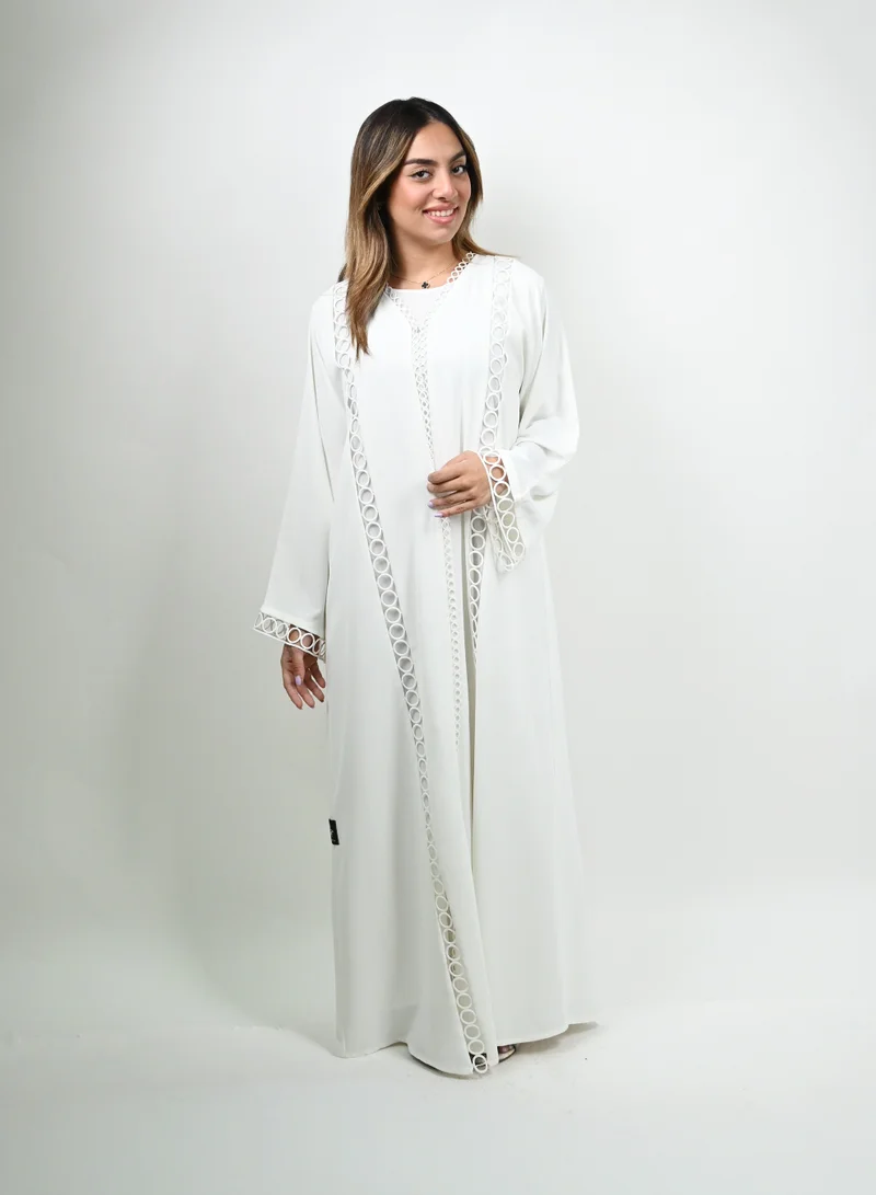 جميلة Ivory Ring Lace Open Abaya With Sheila and Inner