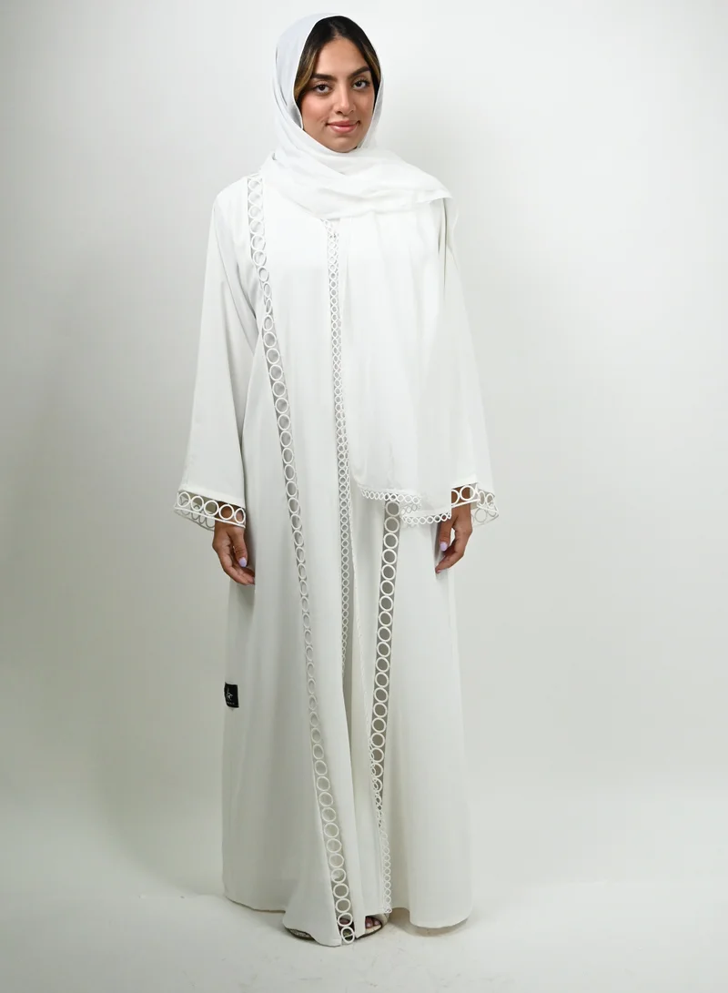 جميلة Ivory Ring Lace Open Abaya With Sheila and Inner