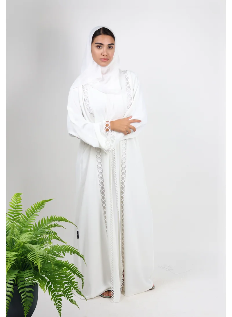 Ivory Ring Lace Open Abaya With Sheila