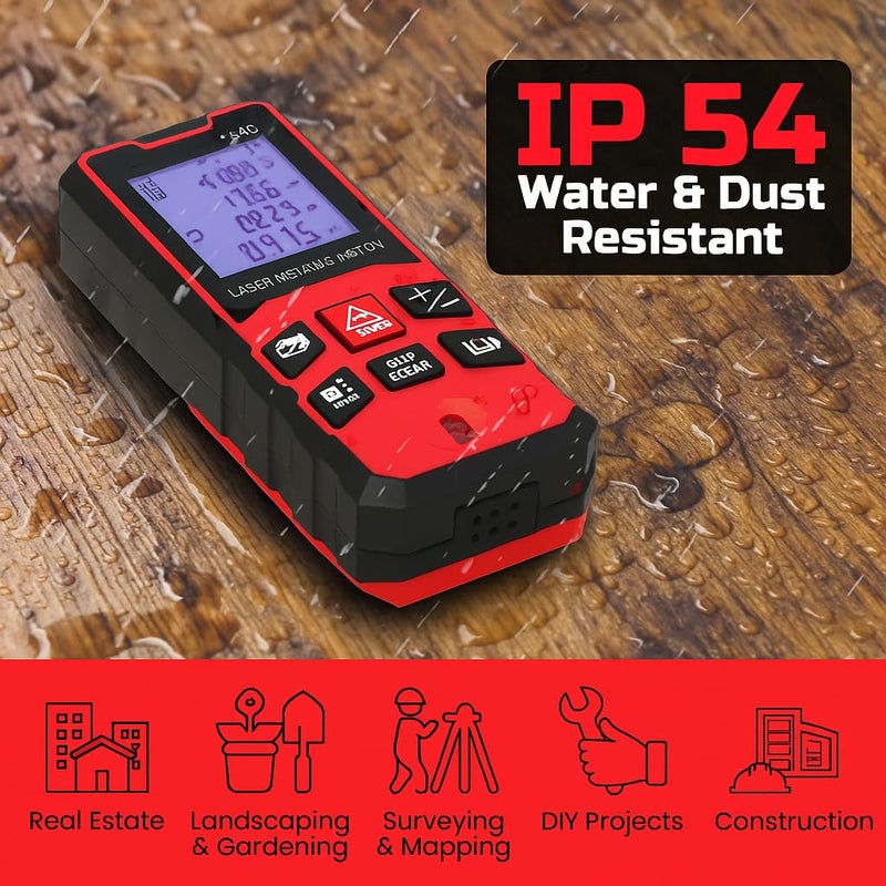 Tomahawk Oxford® OLO-0400 Laser Distance Meter Measurer 131Ft/40M with Area, Volume and Pythagoras Measurement - Water and Dust Resistant Laser Measuring Device with Backlit LCD, Battery Included - Image 2
