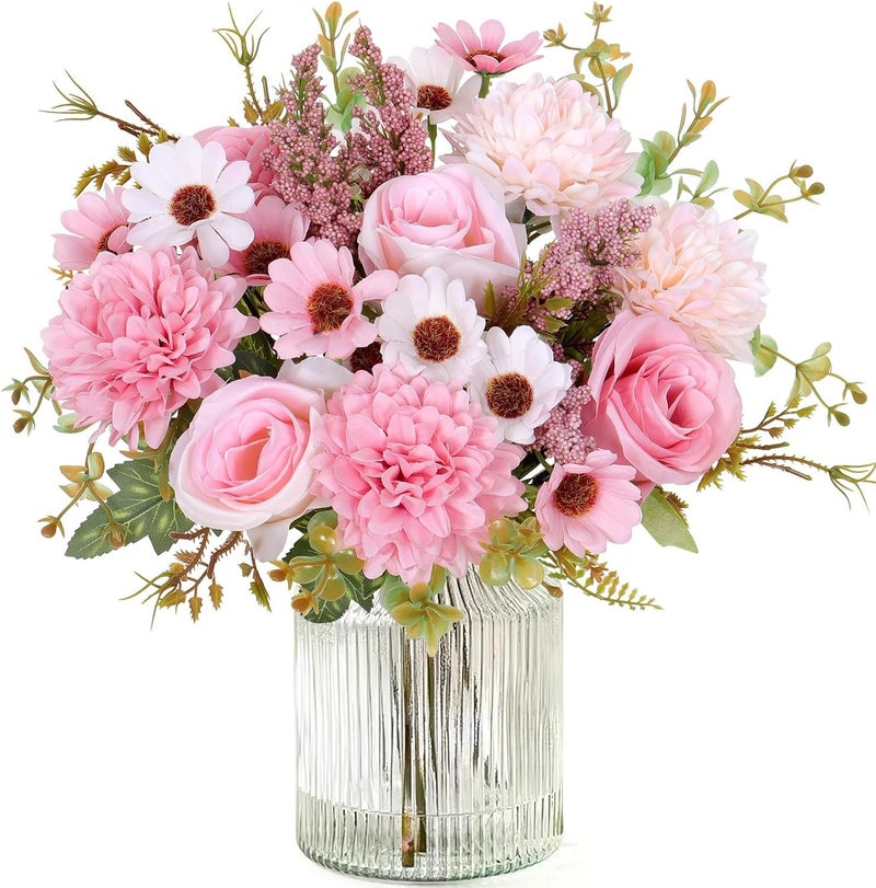 Prplet Artificial Flower Bouquet for Home Decoration – 2 Pcs Faux Rose & Daisy Bouquet (Without Pot) Artificial Flowers for Living Room, Bedroom, Office, Vase Decoration (Pink) - Image 1
