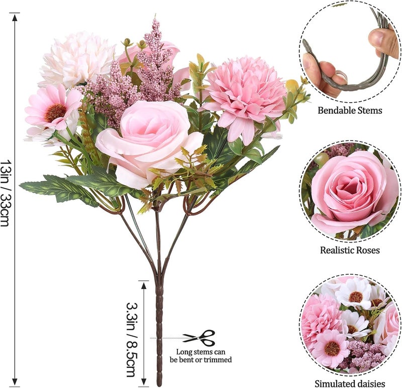 Prplet Artificial Flower Bouquet for Home Decoration – 2 Pcs Faux Rose & Daisy Bouquet (Without Pot) Artificial Flowers for Living Room, Bedroom, Office, Vase Decoration (Pink) - Image 3