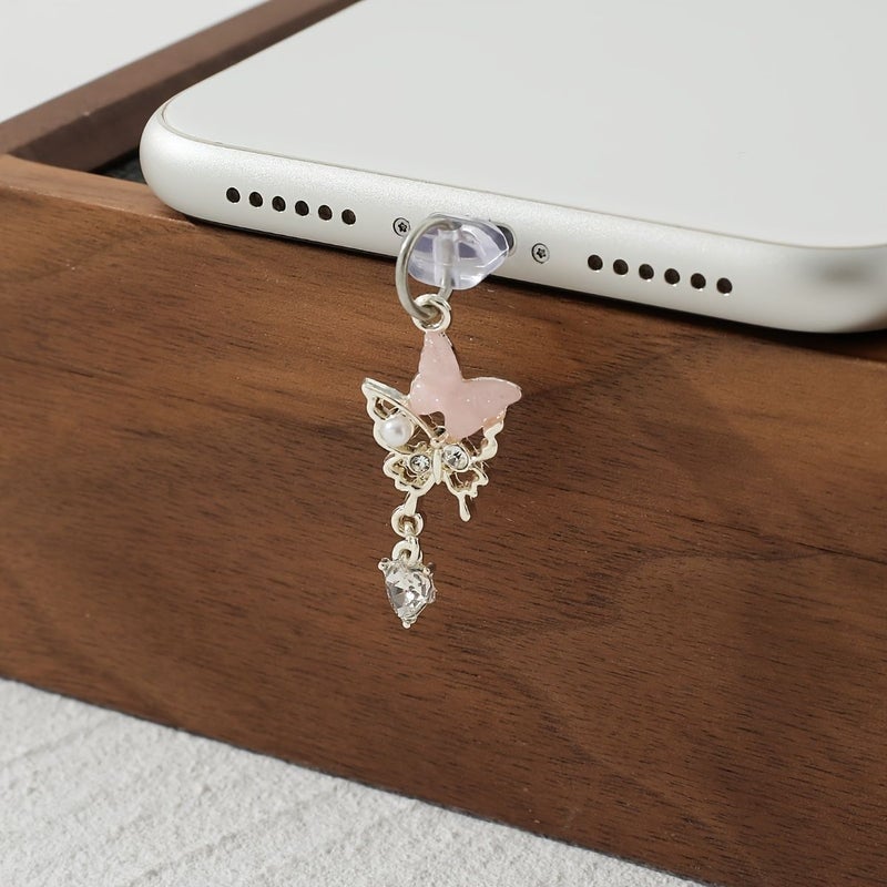 1pc Pink Mosaic Butterfly Resin Pearl Dust Plug For Iphone Type C Charging Port - Image 1