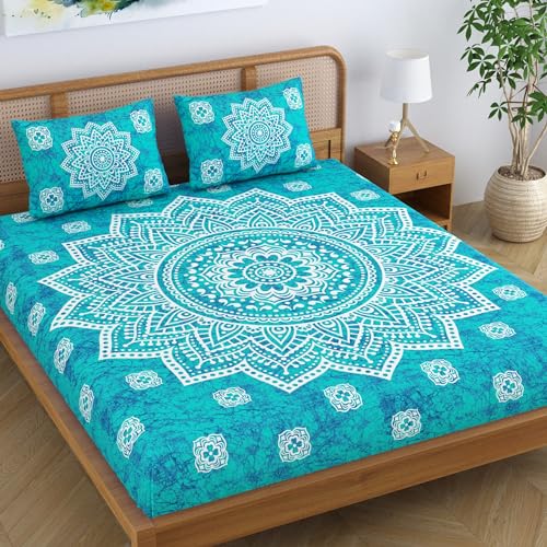 SheetKart Cotton Blend Traditional Mandala Jaipuri Printed Bedsheet for Double Bed King Size with 2 Pillow Covers - Sea Green,104 TC - Image 1