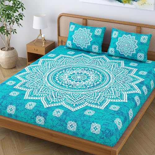 SheetKart Cotton Blend Traditional Mandala Jaipuri Printed Bedsheet for Double Bed King Size with 2 Pillow Covers - Sea Green,104 TC - Image 4