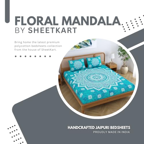 SheetKart Cotton Blend Traditional Mandala Jaipuri Printed Bedsheet for Double Bed King Size with 2 Pillow Covers - Sea Green,104 TC - Image 2