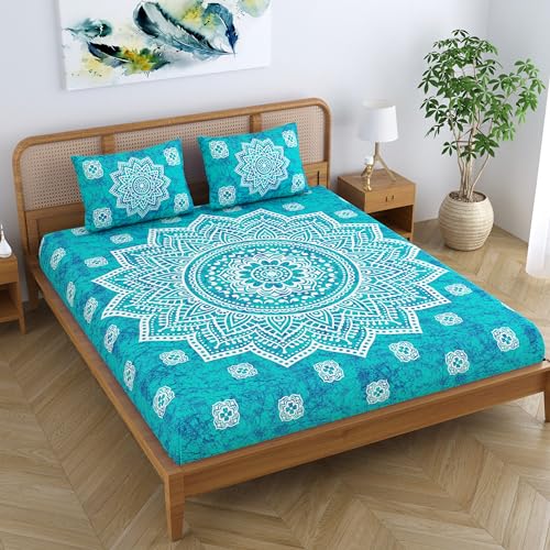 SheetKart Cotton Blend Traditional Mandala Jaipuri Printed Bedsheet for Double Bed King Size with 2 Pillow Covers - Sea Green,104 TC - Image 5
