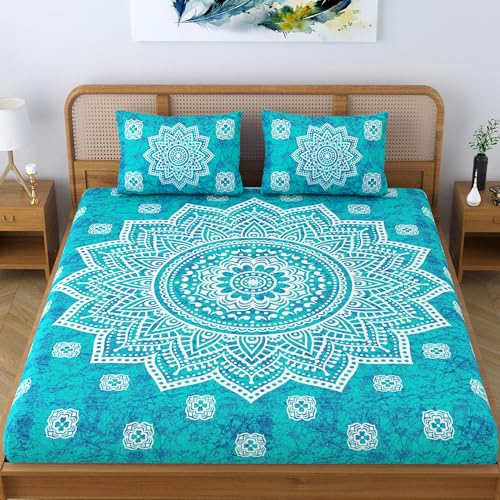SheetKart Cotton Blend Traditional Mandala Jaipuri Printed Bedsheet for Double Bed King Size with 2 Pillow Covers - Sea Green,104 TC - Image 3