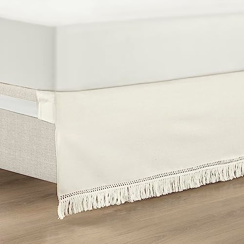 Lush Decor Boho Fringe 15Inch Tailored Drop Easy Fit Bed Skirt King Size Single 78 W x 80 L 15 White King Bed Skirt Wrap Around Bed Skirt - Image 1